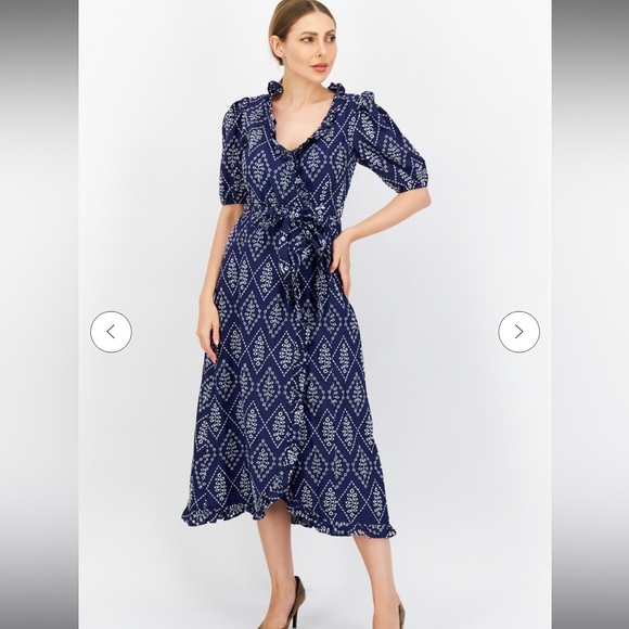 River Island Dresses & Skirts - River Island Navy Blue Embroidered Midi Wrap Dress